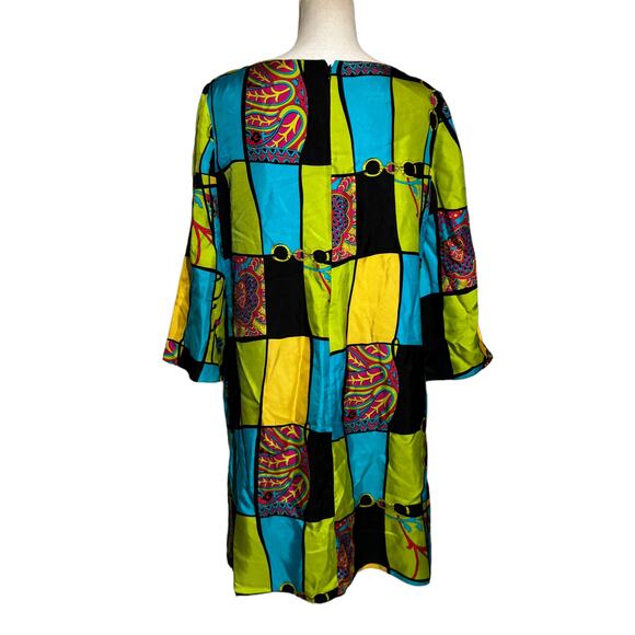 Muse Sz 12 Dress 100% Silk Geometic Blue Black‎ 3/4 Sleeve Green Flare Lined - Picture 2 of 5